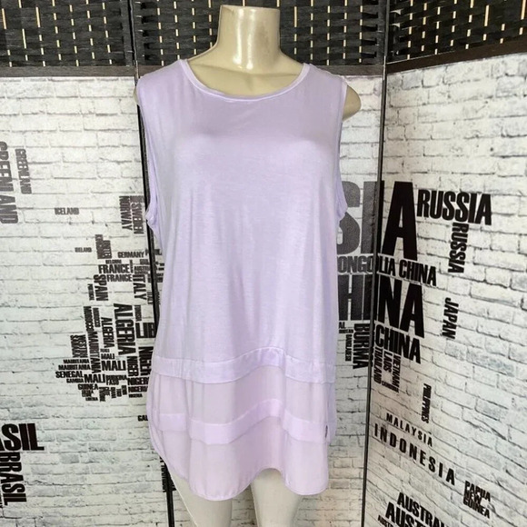 Michael Kors Plus 1X Lilac Orchid Crew Neck Curved Mesh Hemline Sleeveless Top - Picture 2 of 6